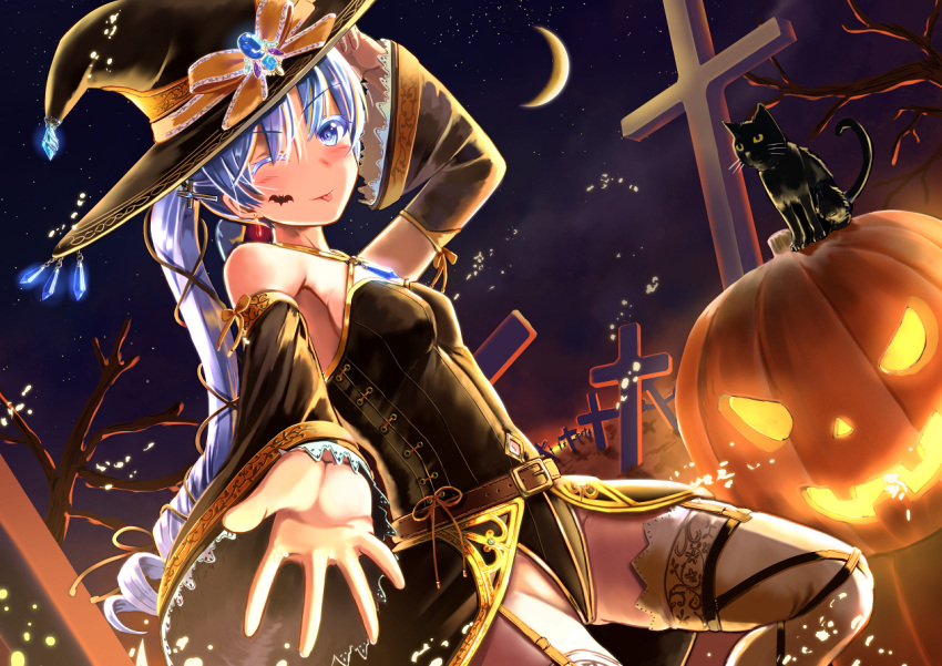 1girl :p black_cat black_dress blue_eyes blue_hair breasts broom broom_riding cat crescent_moon detached_sleeves dress drill_hair graveyard halloween hand_on_headwear hat jack-o'-lantern long_dress long_hair moon night night_sky nosa one_eye_closed original outdoors outstretched_hand pumpkin sky small_breasts solo thigh-highs tombstone tongue tongue_out white_legwear witch witch_hat