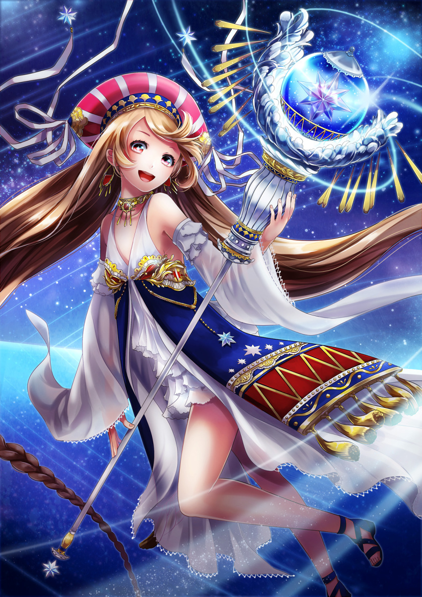 1girl :d bare_legs bare_shoulders braid brown_hair choker collarbone detached_sleeves earrings hat highres jewelry long_hair looking_at_viewer open_mouth original red_eyes see-through shoes small_breasts smile solo staff very_long_hair wide_sleeves xxxpechkaxxx