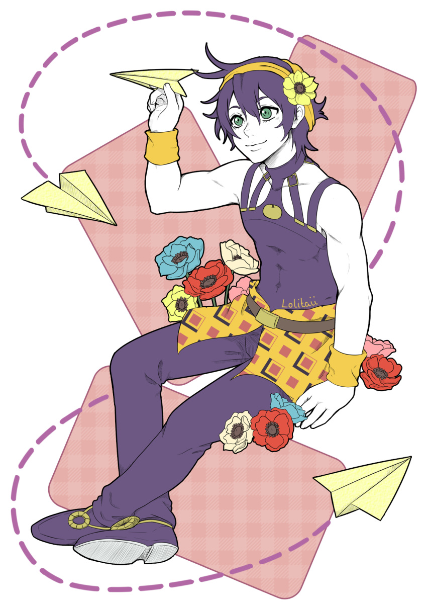 1boy flat_color flower full_body green_hair hair_flower hair_ornament hairband highres holding jojo_no_kimyou_na_bouken lolitaii male_focus narancia_ghirga paper_airplane purple_hair sitting smile solo white_skin wristband