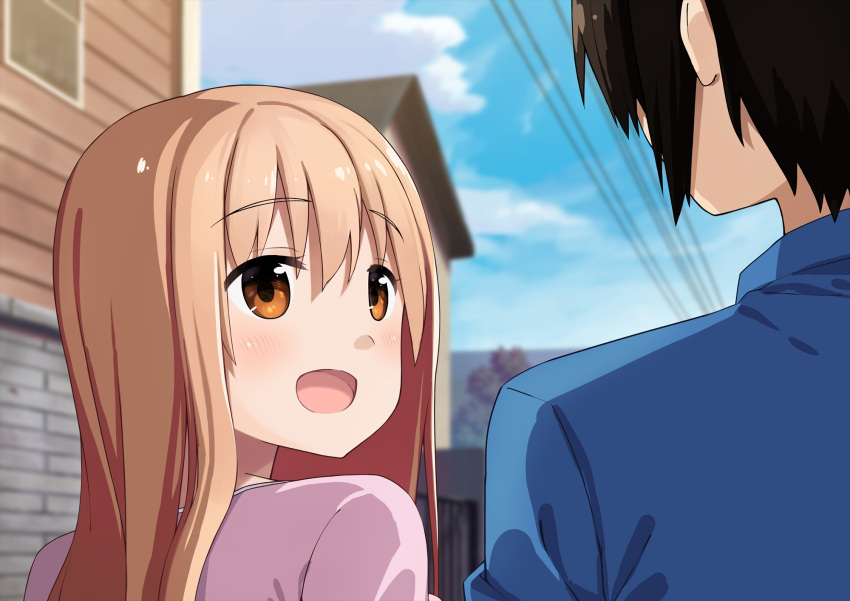 1boy 1girl :d black_hair blonde_hair blush brother_and_sister brown_eyes dacchi doma_taihei doma_umaru from_behind highres himouto!_umaru-chan long_hair open_mouth siblings smile