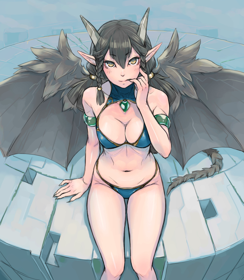 1girl arm_support bat_wings bikini black_hair braid breasts brown_eyes cleavage collarbone cowboy_shot dragon_girl feathered_wings female finger_to_mouth fingernails from_above highres horns looking_at_viewer looking_up low_twintails navel original pinky_to_mouth pointy_ears saba_no_miso_ni sharp_fingernails sitting smile solo swimsuit tail twin_braids twintails wings