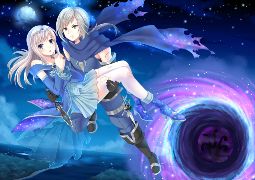 &gt;:d 1boy 1girl :d :o bare_shoulders black_gloves blonde_hair blue_eyes blue_pants blue_skirt boots carrying clenched_teeth dagger detached_sleeves dimensional_hole flying frilled_sleeves frills full_moon gem gloves grey_eyes holding_weapon injury jewelry knee_boots landscape long_hair moon night night_sky ocean open_mouth original pants pleated_skirt purple_scarf river sapphire_(stone) scarf see-through skirt sky smile star_(sky) starry_sky thigh-highs torn_clothes torn_scarf torn_thighhighs villyane weapon white_legwear zettai_ryouiki