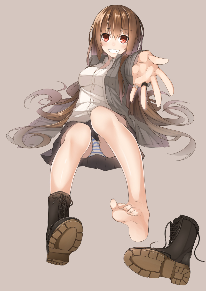 1girl absurdres barefoot boots brown_eyes feet grin highres jacket jewelry legs long_hair original outstretched_hand panties pleated_skirt red_eyes ring simple_background single_shoe sitting skirt smile soles solo striped striped_panties toes underwear