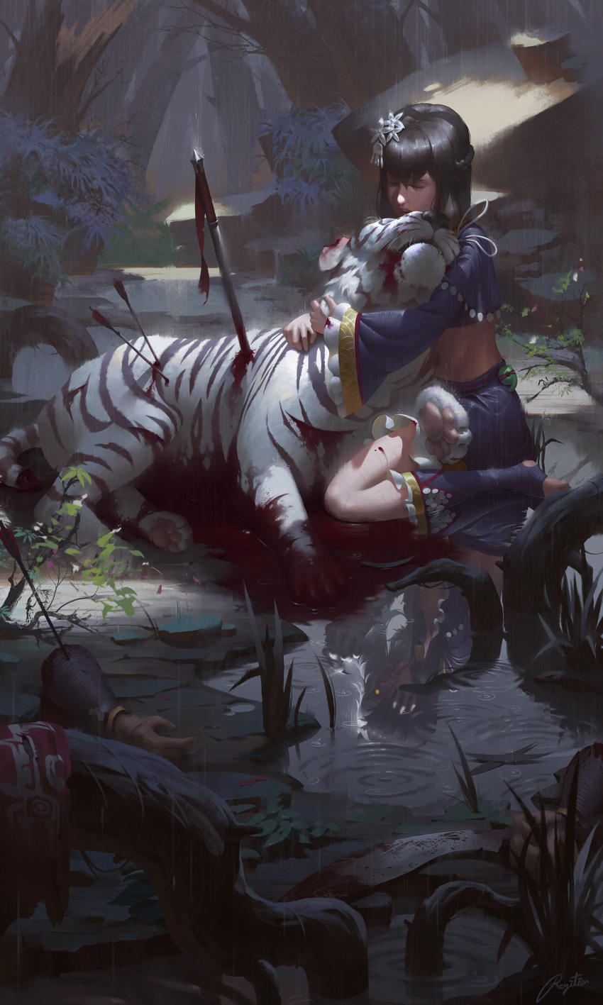 1girl absurdres arrow black_hair blood blood_in_mouth dismemberment glowing glowing_eye highres original pixiv_fantasia pixiv_fantasia_t reflection regition sword tiger water weapon white_tiger
