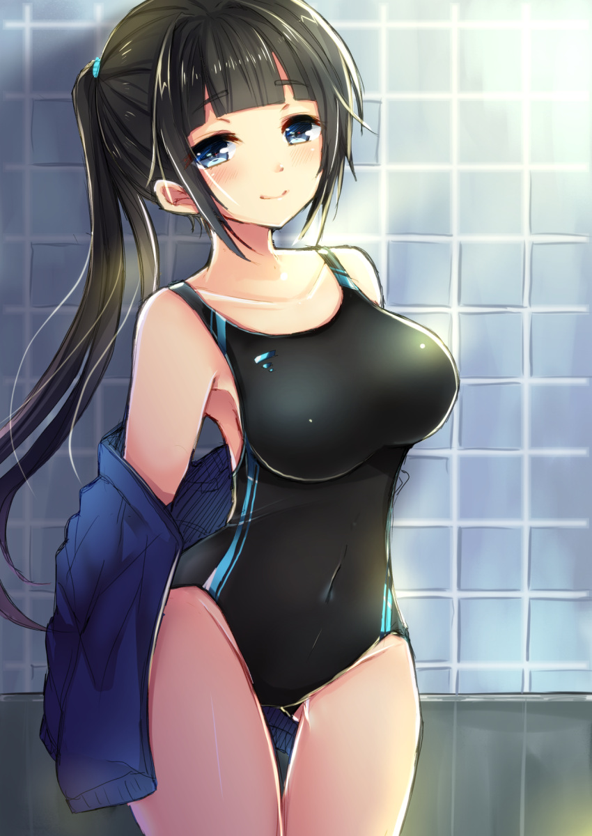 1girl black_hair blue_eyes bunsai competition_swimsuit highres jacket one-piece_swimsuit original ponytail standing swimsuit