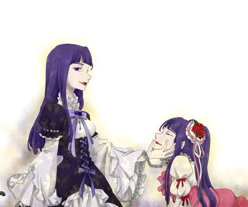 2girls blue_hair bow cat_tail chain dress flower frederica_bernkastel frills furudo_erika grin hair_flower hair_ornament hand_on_another's_face hime_cut lolita_fashion long_hair multiple_girls profile ribbon sanctuary-of-apricot smile tail twintails umineko_no_naku_koro_ni violet_eyes witch