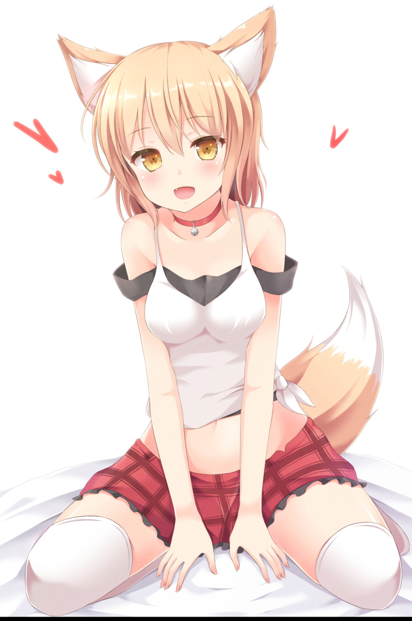 1girl absurdres animal_ears bare_shoulders bell between_legs blonde_hair blush brown_eyes checkered checkered_skirt choker collarbone fang fox_ears fox_tail hand_between_legs heart highres jingle_bell kitsune looking_at_viewer off_shoulder open_mouth original pen-zin red_skirt shirt simple_background sitting skirt solo tail thigh-highs tied_shirt wariza white_background white_legwear zettai_ryouiki