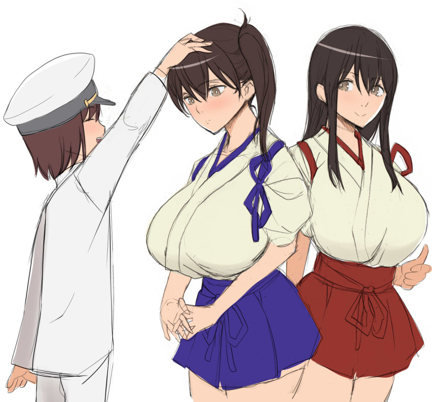 1boy 2girls admiral_(kantai_collection) akagi_(kantai_collection) blush breasts huge_breasts kaga_(kantai_collection) kantai_collection kloah large_breasts long_hair multiple_girls patting_head shota_admiral_(kantai_collection)