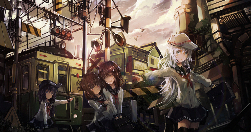 akatsuki_(kantai_collection) bag black_hair black_legwear blue_eyes bookbag brown_eyes brown_hair folded_ponytail hair_ornament hairclip hat hibiki_(kantai_collection) highres ikazuchi_(kantai_collection) inazuma_(kantai_collection) kantai_collection long_hair neckerchief novelance outstretched_arms railroad_crossing school_uniform serafuku shigure_(kantai_collection) silver_hair skirt thigh-highs train verniy_(kantai_collection)