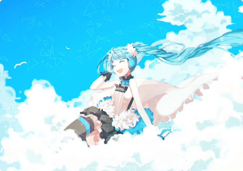 1girl 7th_dragon_(series) 7th_dragon_2020 aqua_hair closed_eyes clouds floating_hair hand_on_headphones hatsune_miku headphones highres long_hair open_mouth skirt sky solo thigh-highs twintails very_long_hair vocaloid