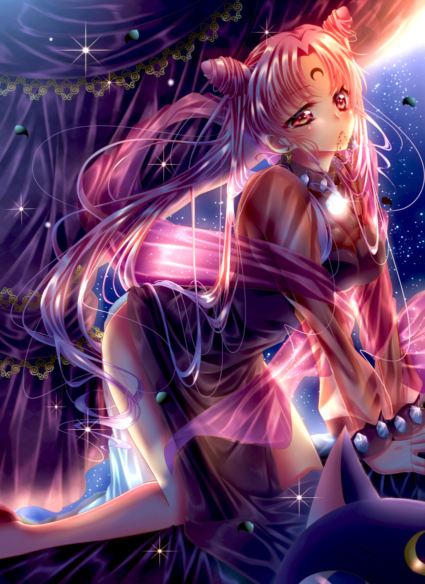 1girl absurdres all_fours bare_legs bishoujo_senshi_sailor_moon blush breasts chibi_usa choker cleavage curtains diamond double_bun earrings facepaint gem hanging_breasts highres jewelry luna-p mouth_hold necklace night night_sky petals pink_eyes pink_hair see-through sky sparkle star_(sky) starry_sky touki_matsuri