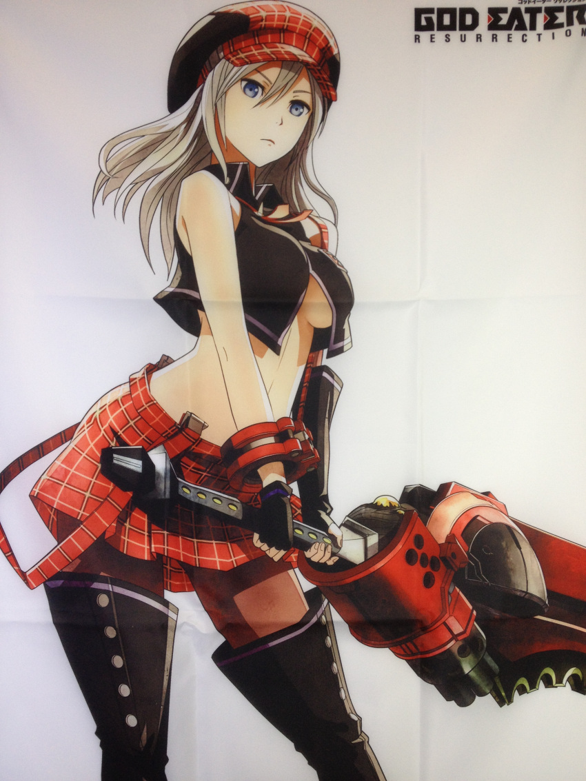 1girl absurdres alisa_ilinichina_amiella black_gloves black_legwear blue_eyes breasts clouds fingerless_gloves gloves god_eater god_eater_burst hat highres holding_weapon huge_weapon official_art pantyhose pleated_skirt silver_hair skirt sky smile solo sword thigh-highs under_boob weapon