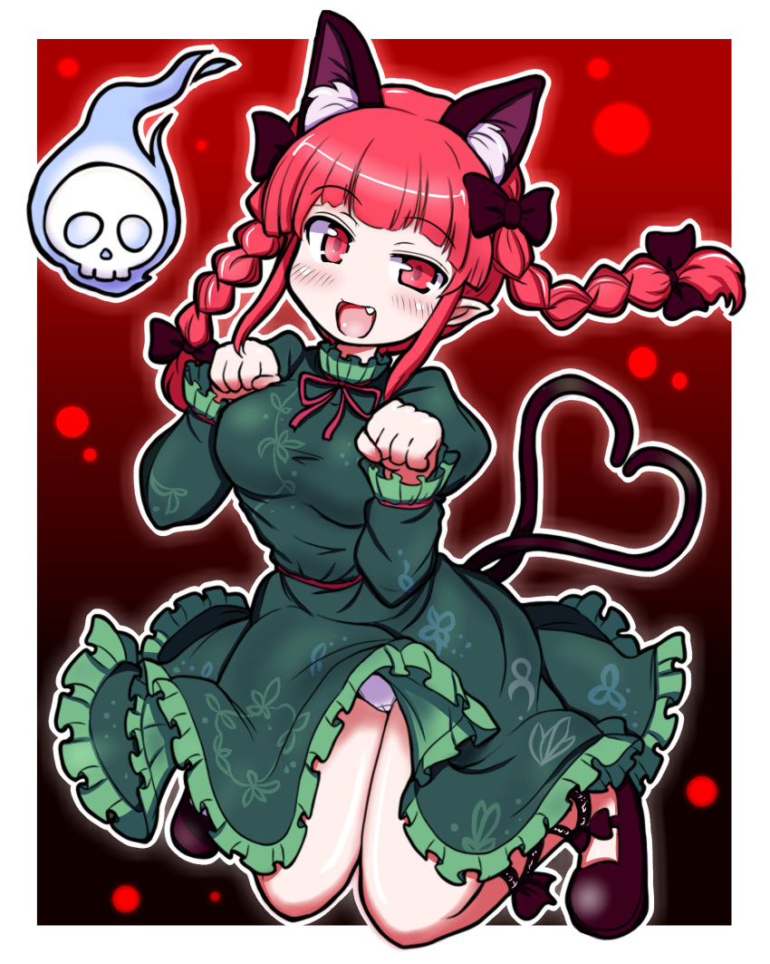 1girl animal_ears blush braid breasts cat_ears cat_tail eruru_(erl) extra_ears heart heart_tail highres kaenbyou_rin looking_at_viewer multiple_tails open_mouth panties pantyshot paw_pose red_eyes redhead smile solo tail touhou twin_braids underwear white_panties