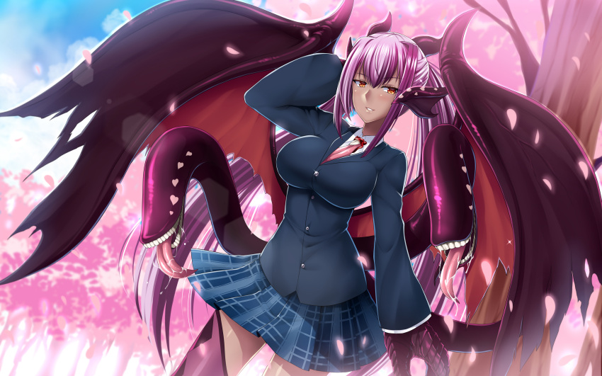 1girl absurdres alternate_costume breasts butter-t cherry_blossoms claws dark_skin demon_wings hand_behind_head highres horns impossible_clothes impossible_jacket jabberwock_(monster_girl_encyclopedia) jacket large_breasts lens_flare light_smile long_hair long_tongue looking_at_viewer monster_girl monster_girl_encyclopedia necktie petals plaid plaid_skirt purple_hair red_eyes skirt solo tongue tongue_out twintails very_long_hair wings
