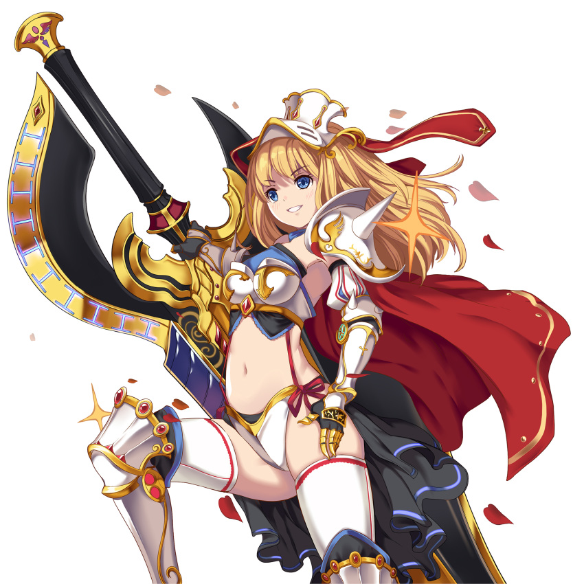 1girl armor aurora_rokudo bikini_armor blonde_hair blue_eyes blush breasts cape commentary_request cowboy_shot gauntlets greaves grin highres huge_weapon large_breasts long_hair navel one_leg_raised original simple_background smile solo sword thigh-highs weapon white_background