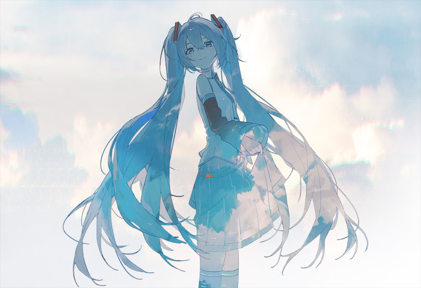 1girl blue_eyes blue_hair blue_necktie blue_sky chinese_commentary clouds cloudy_sky commentary_request cowboy_shot detached_sleeves feet_out_of_frame from_side hatsune_miku kieed long_hair looking_at_viewer multicolored_hair necktie pleated_skirt shirt skirt skirt_hold sky sleeveless sleeveless_shirt solo turning_head twintails very_long_hair vocaloid white_shirt wide_sleeves