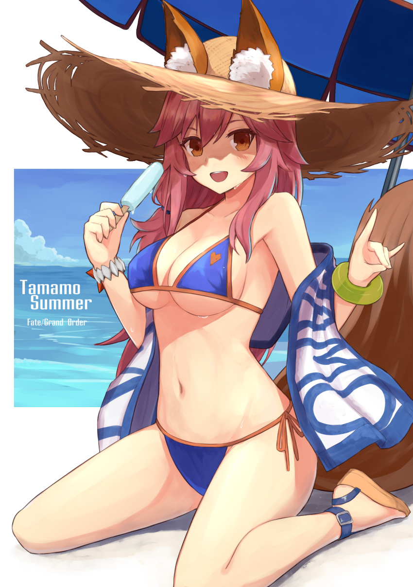 1girl \n/ animal_ears bikini blue_bikini blue_umbrella bracelet breasts character_name cleavage fate/extra fate/extra_ccc fate/grand_order fate_(series) fox_ears fox_shadow_puppet fox_tail full_body hat highres jewelry kou_v05first looking_at_viewer pink_hair sitting solo straw_hat sun_hat swimsuit tail tamamo_(fate)_(all) tamamo_no_mae_(fate) tamamo_no_mae_(swimsuit_lancer)_(fate) towel wariza yellow_eyes