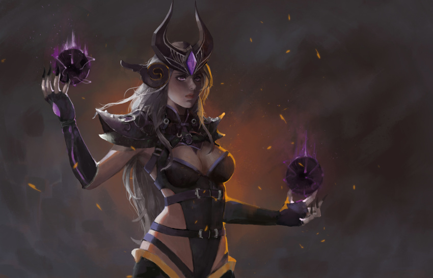 1girl black_nails breasts cleavage headpiece highres league_of_legends long_hair long_nails nail_polish shevan shoulder_pads silver_hair solo syndra violet_eyes