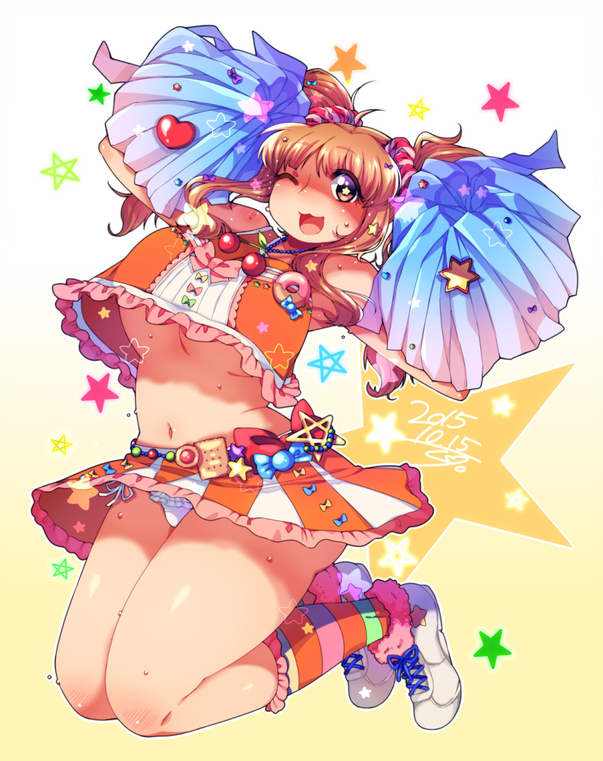 :3 accessories beads blush breasts brown_eyes brown_hair candy cheerleader cherry cookie crop_top crop_top_overhang curly_hair doughnut food frilled_panties frills fruit hair_ornament hair_scrunchie highres idolmaster idolmaster_cinderella_girls jewelry jumping large_breasts long_sideburns midriff moroboshi_kirari muroku_(aimichiyo0526) navel necklace one_eye_closed open_mouth panties pom_poms ribbon shiny shiny_skin shoes smile sneakers star star-shaped_pupils star_hair_ornament striped striped_legwear sweat symbol-shaped_pupils thighs twintails under_boob underwear upshirt upskirt wind_lift