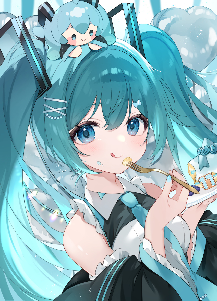 1girl :q absurdres aqua_hair aqua_necktie balloon birthday birthday_cake blue_eyes blue_nails cake character_doll collared_shirt commentary_request cropped_torso doll_on_head dutch_angle eating food food_on_face fork frilled_sleeves frills hair_ornament hairclip hatsune_miku heart_balloon highres holding holding_fork holding_plate icing licking_lips long_sleeves looking_at_viewer necktie partial_commentary plate shirt sleeveless sleeveless_shirt smile solo tongue tongue_out twintails vocaloid wide_sleeves x_hair_ornament yuni_(irohasuiroiro)