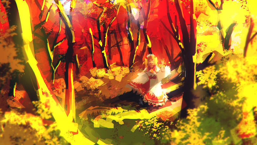 1girl ascot autumn autumn_leaves backlighting blonde_hair blurry bush depth_of_field dress forest happy headdress highres looking_at_viewer nature nenenoa ribbon shadow smile solo standing sunlight sunny_milk touhou tree two_side_up waving white_dress