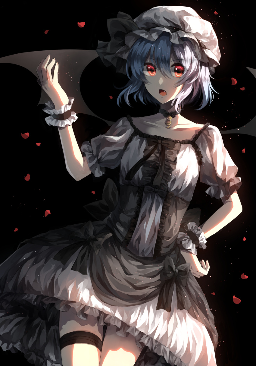 1girl alternate_costume bat_wings black_background blue_hair choker dutch_angle fang fuuna_(conclusion) hand_on_hip hat hat_ribbon highres layered_dress leg_band light_particles looking_at_viewer mob_cap open_mouth petals puffy_sleeves red_eyes remilia_scarlet ribbon short_hair short_sleeves simple_background solo touhou wings wrist_cuffs