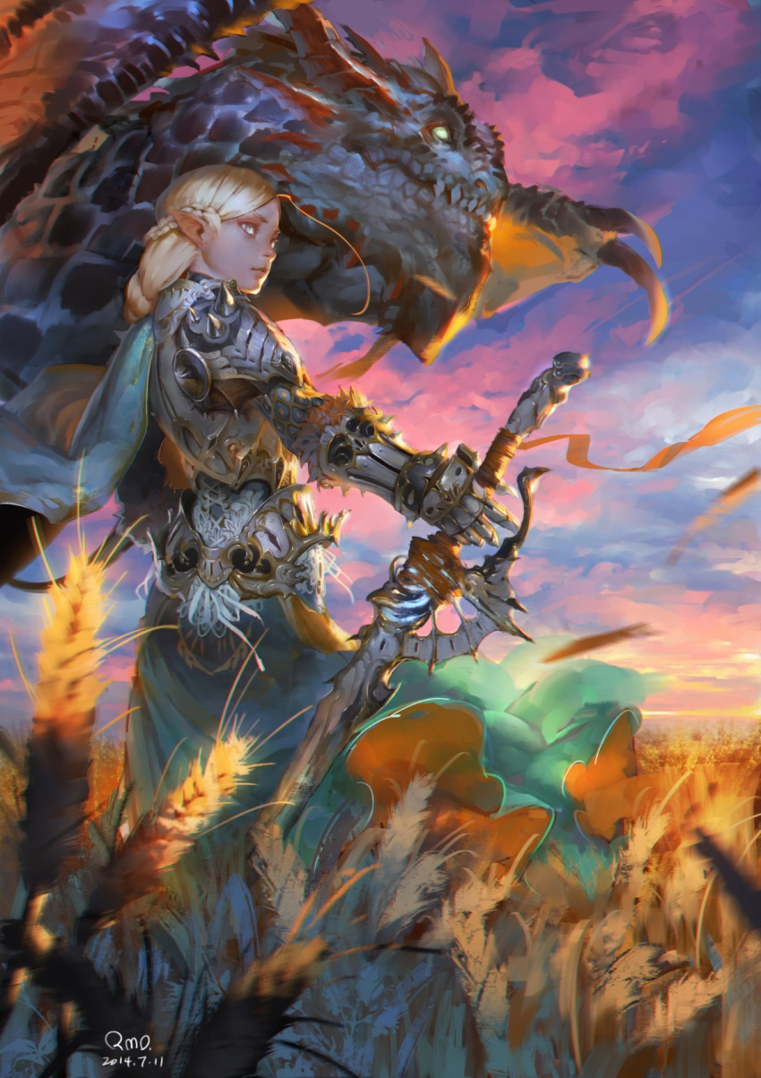 1girl armor armored_dress blonde_hair braid cape dated dragon grey_eyes highres knight original pointy_ears qmo_(chalsoma) signature sky sunset sword weapon wheat wind