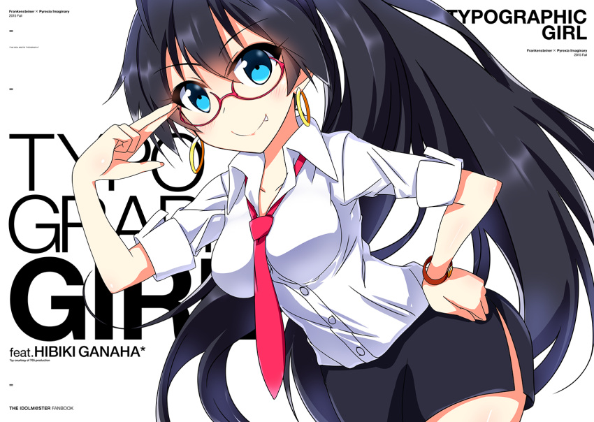 1girl bespectacled black_hair blue_eyes blush breasts cover cover_page doujin_cover earrings fang ganaha_hibiki glasses hand_on_hip idolmaster jewelry long_hair looking_at_viewer miniskirt necktie ponytail red-framed_glasses sagamihara_sakyou semi-rimless_glasses simple_background skirt smile solo under-rim_glasses white_background