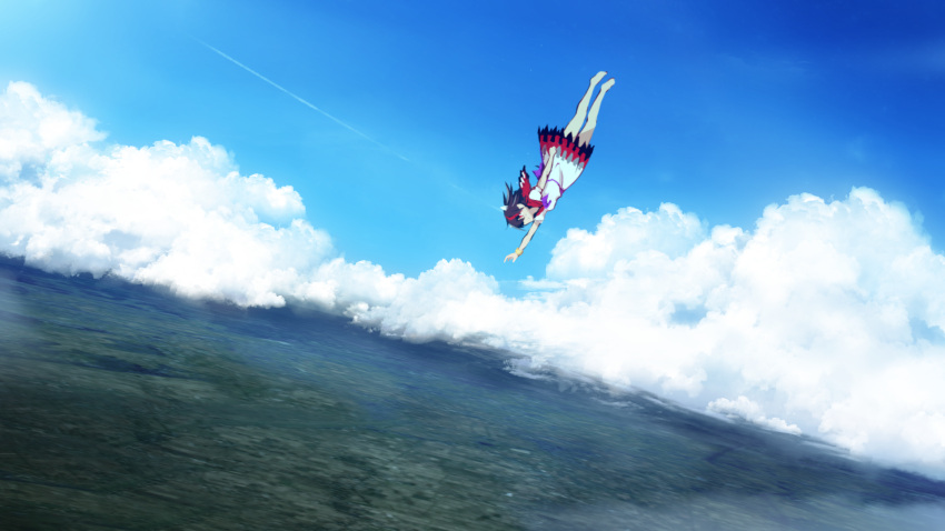 1girl above_clouds arm_at_side barefoot black_hair blue_sky bow bracelet clouds condensation_trail dress earth grin hand_up highres horns jewelry kijin_seija multicolored_hair pesogiso red_eyes redhead short_dress short_hair sky smile solo streaked_hair touhou upside-down white_dress