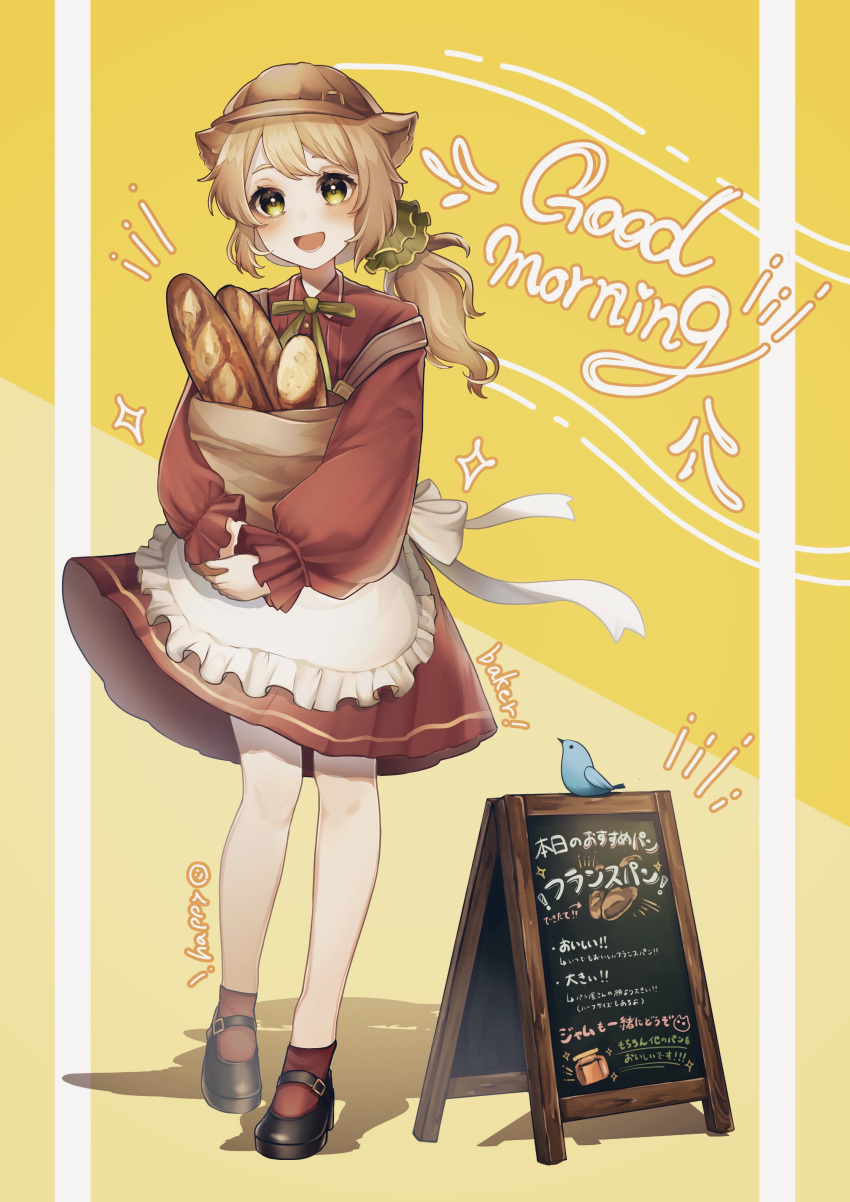 1girl :d absurdres apron bag bird black_footwear blonde_hair blue_bird bow bowtie bread brown_bag brown_hat dress english_text food frilled_apron frills full_body good_morning green_bow green_bowtie hat hi_hiiii highres holding holding_bag long_sleeves looking_at_viewer medium_hair menu open_mouth original ponytail puffy_sleeves red_dress red_socks scribble shadow shoes smile socks solo sparkle translation_request waist_apron yellow_eyes