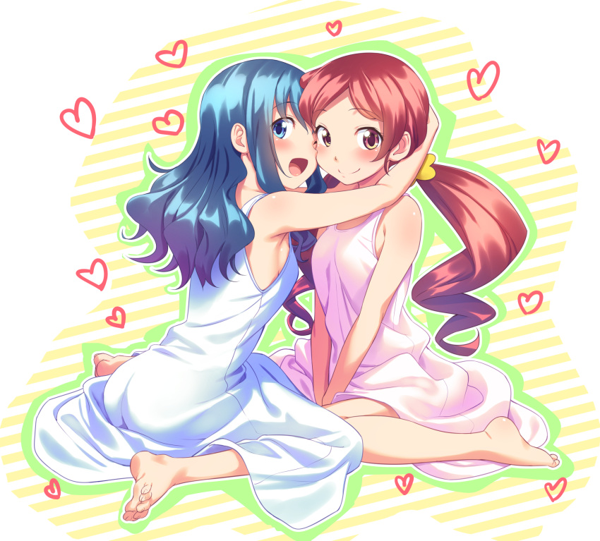 2girls :d bare_arms barefoot blue_eyes blue_hair breasts closed_mouth commentary_request dress eyebrows_visible_through_hair hanasaki_tsubomi heart heartcatch_precure! highres hug kurumi_erika long_hair looking_at_viewer multiple_girls open_mouth pink_dress precure red_eyes redhead short_hair sideboob sitting sleeveless sleeveless_dress smile striped striped_background tenkuu_nozora twintails wariza
