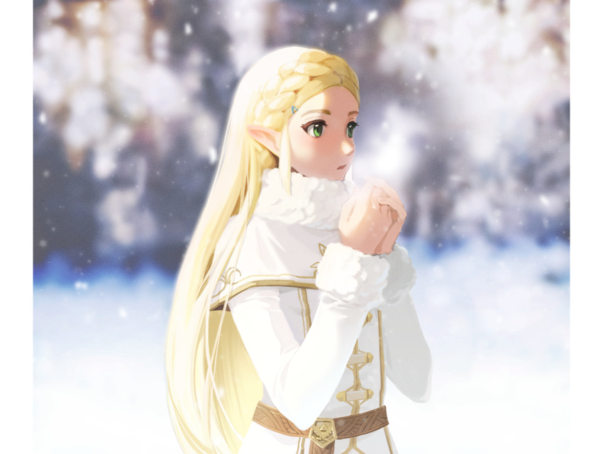 1girl blonde_hair coat green_eyes long_hair pointy_ears princess_zelda simple_background snow snowing solo sophie_(693432) the_legend_of_zelda the_legend_of_zelda:_breath_of_the_wild winter winter_clothes winter_coat