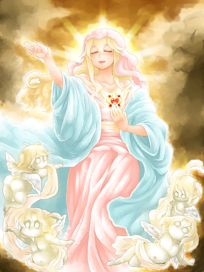 bare_shoulders blonde_hair blush cherub christianity clarice_(idolmaster) closed_eyes clouds cloudy_sky dress halo hand_on_own_chest heart highres idolmaster idolmaster_cinderella_girls long_hair long_sideburns open_mouth outstretched_hand parody pink_dress religion shawl sky smile style_parody sunlight tobatoinu veil wide_sleeves wings