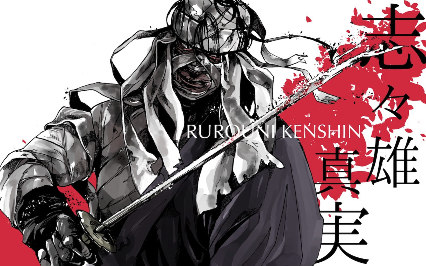1boy bandages black_hair character_name copyright_name japanese_clothes katana rurouni_kenshin sh291 shishio_makoto sword weapon