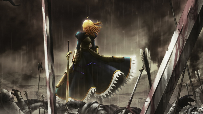 ahoge armor arrow artist_request blonde_hair blood clouds fate/stay_night fate_(series) from_behind highres rain saber sword wallpaper weapon