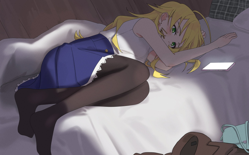 1girl antenna_hair bag black_pantyhose blonde_hair cellphone coat dark_room doorway dress earrings epitaph_(1122) green_eyes handbag highres hoshii_miki idolmaster idolmaster_(classic) jewelry long_hair lying on_bed on_side pantyhose phone pillow smartphone solo