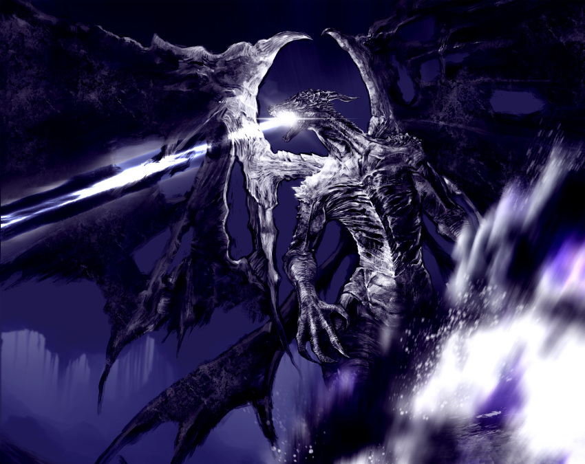 absurdres black_fire cave cave_interior commentary dark_souls_(series) dark_souls_iii darkeater_midir dated_commentary dragon explosion fire full_body highres laser no_humans open_mouth purple_fire purple_theme stalactite standing xoo_(user_xzpt5477)