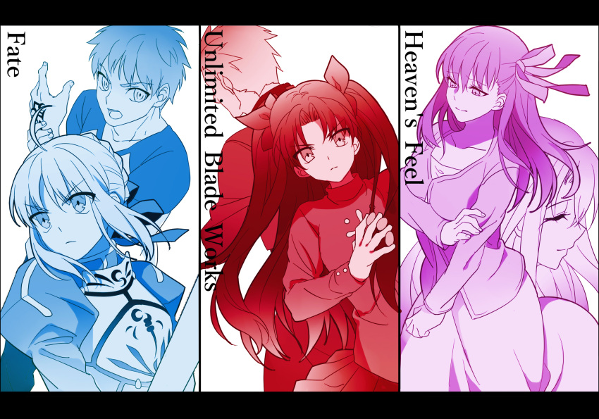 2boys 4girls archer column_lineup emiya_shirou fate/stay_night fate_(series) ha84no highres illyasviel_von_einzbern matou_sakura multiple_boys multiple_girls multiple_monochrome saber toosaka_rin