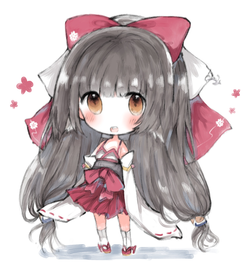 1girl :d azur_lane bare_shoulders blush bow brown_eyes brown_hair chibi cottontailtokki detached_sleeves hair_bow harutsuki_(azur_lane) highres kneehighs long_hair long_sleeves looking_at_viewer nontraditional_miko open_mouth pleated_skirt red_bow red_footwear red_skirt ribbon-trimmed_sleeves ribbon_trim skirt sleeves_past_fingers sleeves_past_wrists smile solo standing very_long_hair white_legwear wide_sleeves