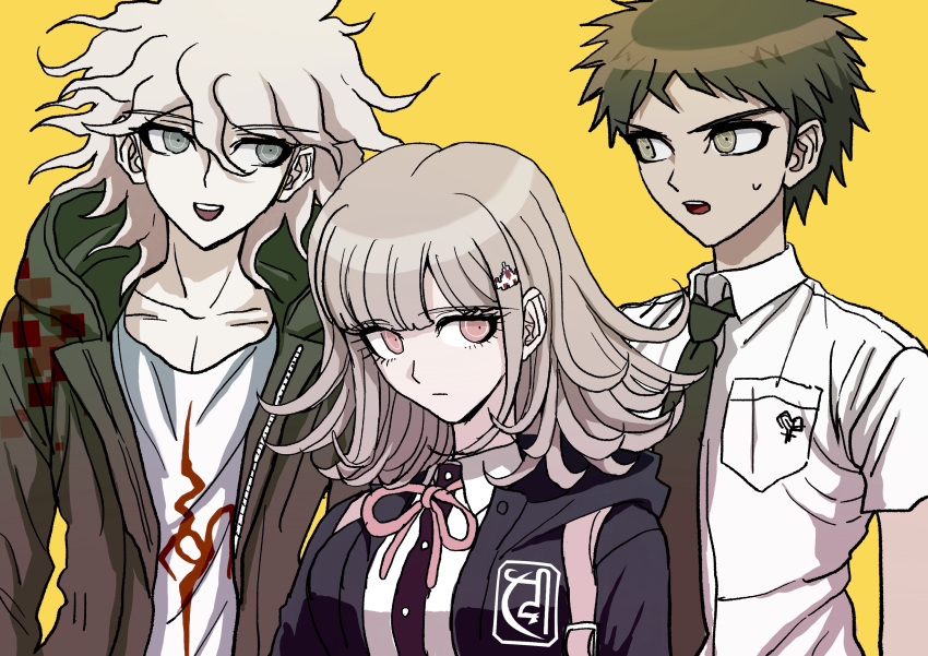 1girl 2boys :d absurdres ahoge badge breast_pocket brown_eyes brown_hair collarbone collared_shirt commentary_request danganronpa_(series) danganronpa_2:_goodbye_despair green_jacket green_necktie grey_hair highres hinata_hajime hood hood_down jacket komaeda_nagito messy_hair multiple_boys nanami_chiaki neck_ribbon necktie open_clothes open_jacket pink_ribbon pocket print_shirt ribbon shirt short_hair short_sleeves smile spaceship_hair_ornament sweatdrop teeth upper_teeth_only uranagi_(uranaginasi) yellow_background