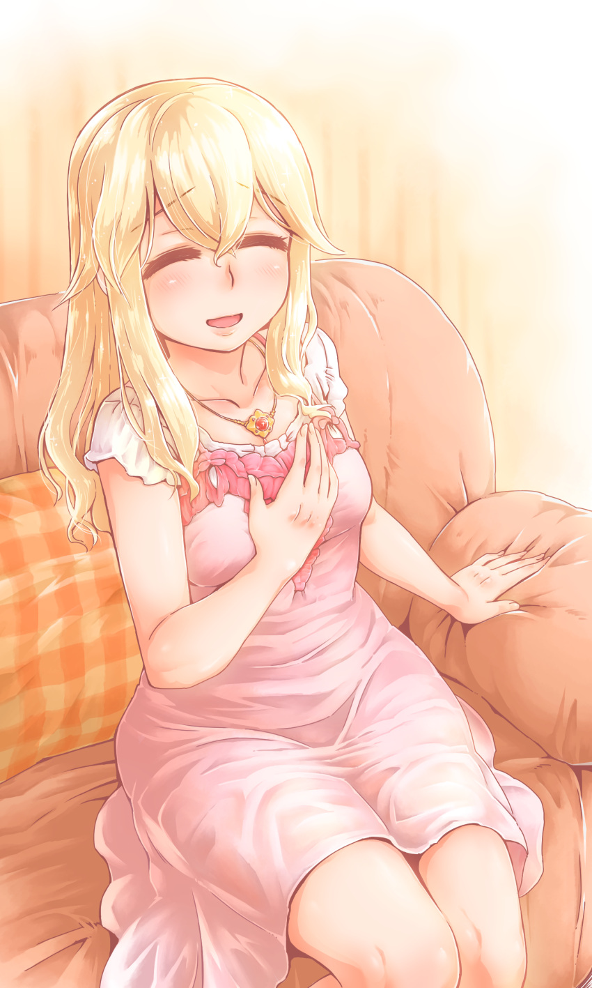 absurdres blonde_hair blush clarice_(idolmaster) closed_eyes couch dress hand_on_own_chest highres idolmaster idolmaster_cinderella_girls jewelry long_hair necklace open_mouth pink_dress sitting smile thighs tobatoinu