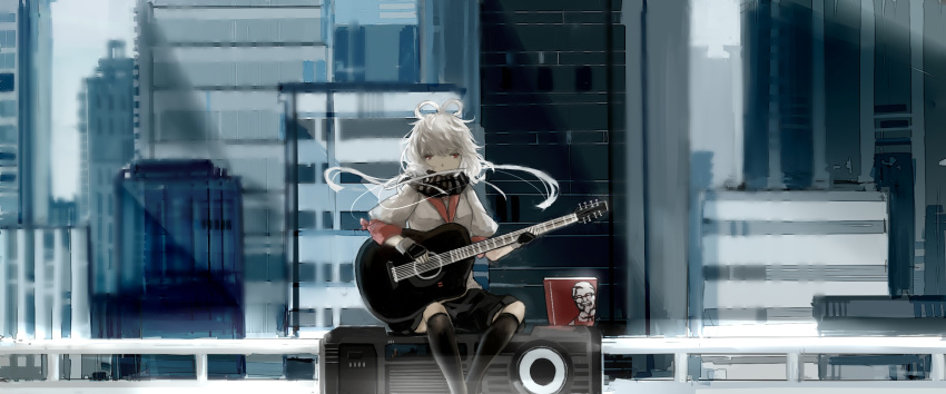1girl black_legwear black_skirt boombox city commentary_request covered_mouth grey_hair guitar highres instrument kfc kneehighs looking_at_viewer luo_tianyi playing_instrument railing red_eyes scarf short_sleeves sitting skirt solo vocaloid wind yi_yu