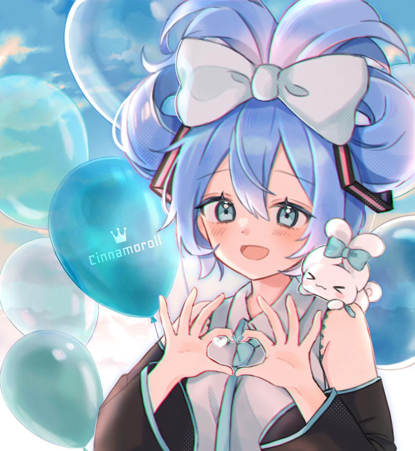 >_< 1girl 4-finger_heart_hands :3 :d absurdres alternate_hairstyle animal_on_shoulder aqua_bow aqua_eyes aqua_necktie balloon black_sleeves blue_hair blue_sky blush bow character_name cinnamiku cinnamoroll collared_shirt detached_sleeves dope_popo folded_twintails frilled_shirt frills grey_bow grey_shirt hair_between_eyes hair_bow hatsune_miku heart heart_hands highres light_blue_hair looking_at_viewer necktie sanrio shirt sidelocks sky sleeveless sleeveless_shirt smile tied_ears updo upper_body vocaloid