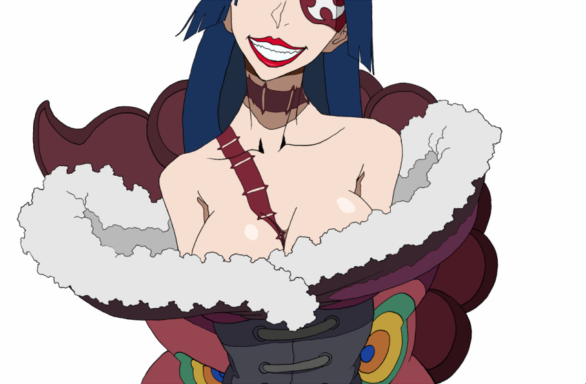 1girl adiane blue_hair breasts cleavage eyepatch gishu grin head_out_of_frame large_breasts lipstick long_hair makeup smile solo tattoo tengen_toppa_gurren_lagann