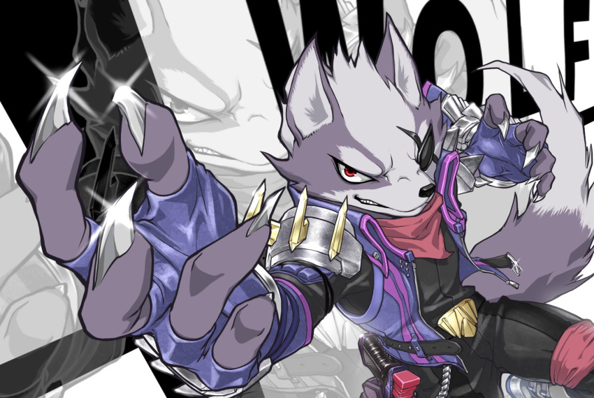 1boy claws eyepatch furry jacket looking_at_viewer male_focus red_eyes smile solo star_fox super_smash_bros. wolf wolf_o'donnell