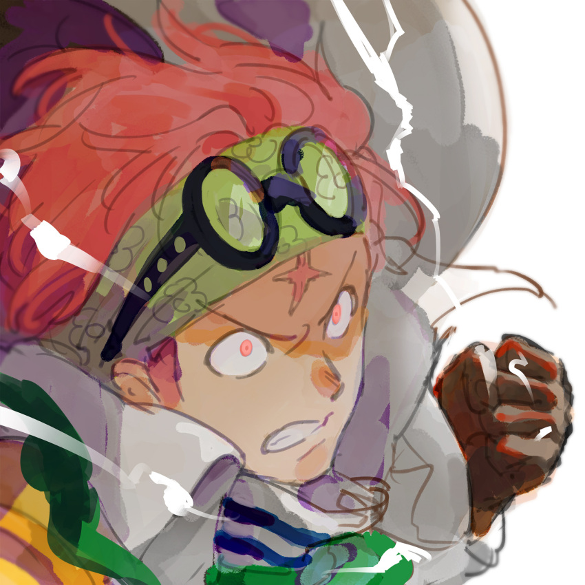 1boy angry arm_up bandana brown_gloves clenched_teeth coat coat_on_shoulders collared_coat eyewear_on_head from_side glasses gloves green_bandana highres koby_(one_piece) layered_clothes looking_ahead male_focus marine_uniform_(one_piece) mocchi_(mkz) one_piece pink_eyes pink_hair round_eyewear scar scar_on_face scar_on_forehead small_pupils solo teeth upper_body white_background white_coat