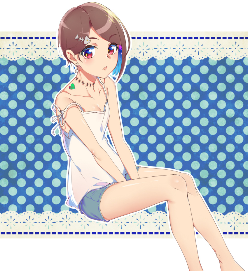 1girl bare_shoulders breasts brown_hair cleavage earrings hair_ornament hairclip highres jewelry legs qing_lan red_eyes scar short_hair shorts solo stitches v_arms