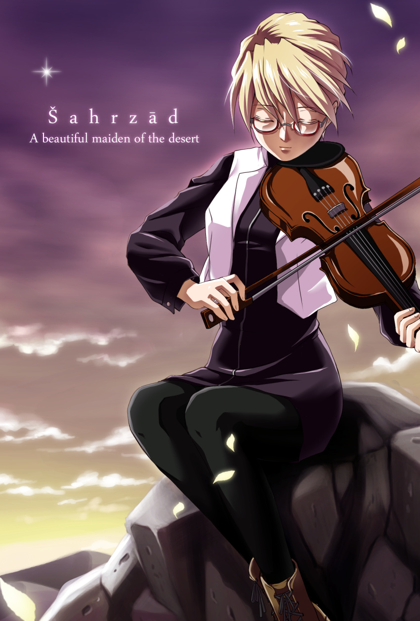 1girl blonde_hair bow_(instrument) closed_eyes glasses gundam gundam_wing gundam_wing_frozen_teardrop highres instrument katherine_oud_winner rei_(usabiba) short_hair violin