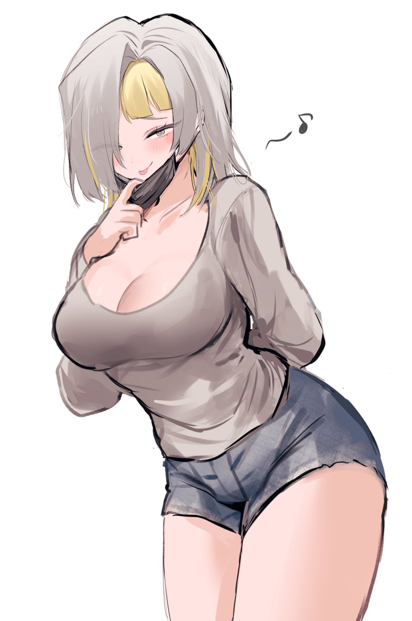 1girl blush breasts denim denim_shorts highres kromer_(project_moon) large_breasts limbus_company looking_at_viewer low-cut mask mask_pull migishita mouth_mask multicolored_hair musical_note project_moon shirt short_shorts shorts solo spoken_musical_note tongue tongue_out