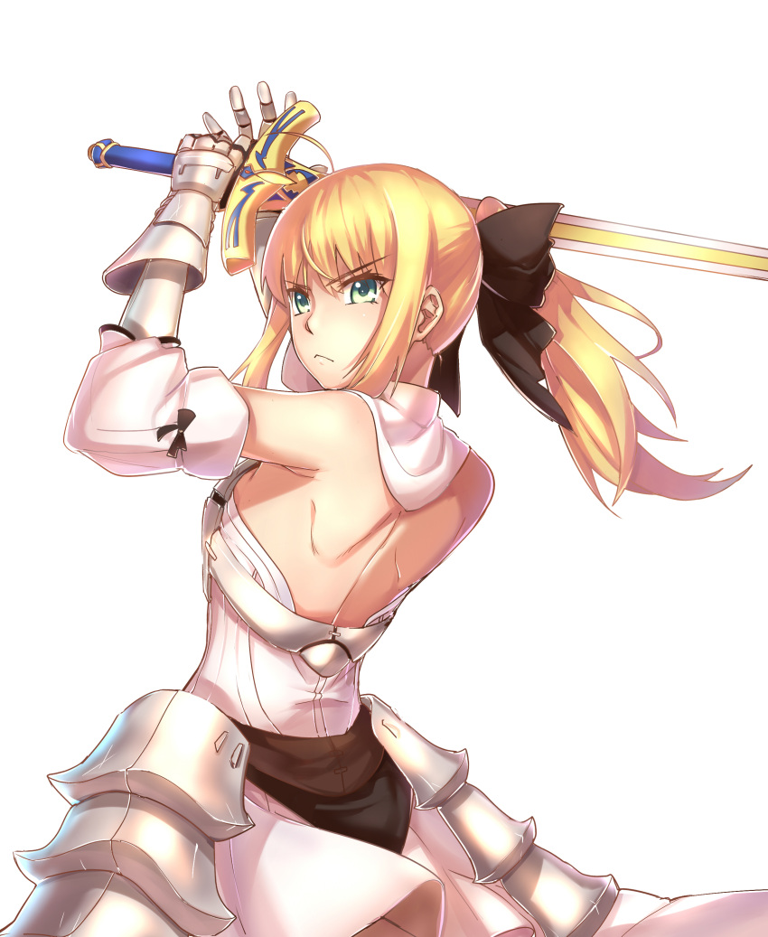 1girl absurdres ahoge armor armored_dress bare_shoulders blonde_hair bow caliburn detached_sleeves dress fate/unlimited_codes fate_(series) faulds gauntlets green_eyes hair_bow highres ling_luo_xi_yang ponytail saber saber_lily solo sword weapon white_background
